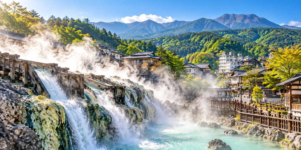 群馬県 草津・山並み・湯けむり